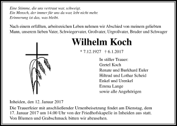 Traueranzeige von Wilhelm Koch von Licher Wochenblatt, Licher Wochenblatt, Licher Wochenblatt