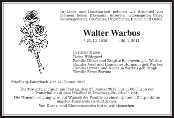 Traueranzeige von Walter Warbus von Wetterauer Zeitung, Wetterauer Zeitung