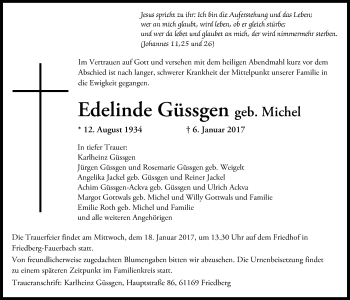 Traueranzeige von Edelinde Güssgen von Wetterauer Zeitung, Wetterauer Zeitung