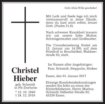 Traueranzeige von Christel Hieber von Wetterauer Zeitung, Wetterauer Zeitung