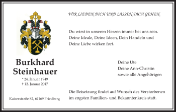 Traueranzeige von Burkhard Steinhauer von Wetterauer Zeitung, Wetterauer Zeitung