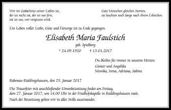 Traueranzeige von Elisabeth Maria Faulstich von Gießener Allgemeine, Alsfelder Allgemeine