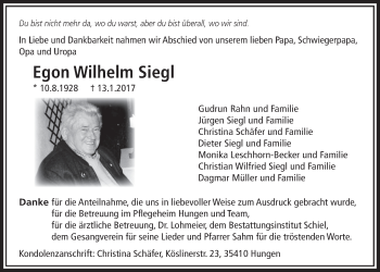 Traueranzeige von Egon Wilhelm Siegl von Licher Wochenblatt, Licher Wochenblatt, Licher Wochenblatt