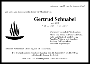 Traueranzeige von Gertrud Schnabel von Gießener Allgemeine, Alsfelder Allgemeine