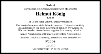 Traueranzeige von Helmut König von Giessener Allgemeine, Alsfelder Allgemeine