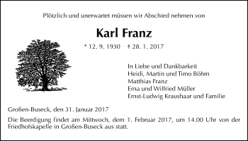 Traueranzeige von Karl Franz von Giessener Allgemeine, Alsfelder Allgemeine