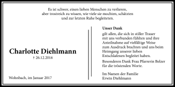Traueranzeige von Charlotte Diehlmann von Licher Wochenblatt, Licher Wochenblatt, Licher Wochenblatt