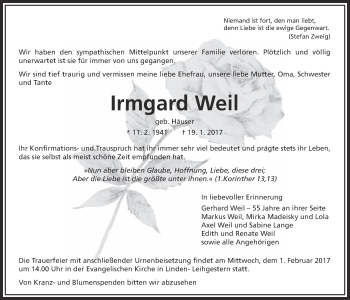 Traueranzeige von Irmgard Weil von Giessener Allgemeine, Alsfelder Allgemeine