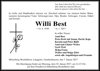 Traueranzeige von Willi Best von Gießener Allgemeine, Alsfelder Allgemeine