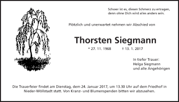 Traueranzeige von Thorsten Siegmann von Wetterauer Zeitung, Wetterauer Zeitung
