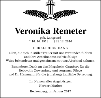 Traueranzeige von Veronika Remeter von Wetterauer Zeitung, Wetterauer Zeitung