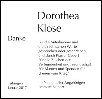 Traueranzeige von Dorothea Klose von Wetterauer Zeitung, Wetterauer Zeitung
