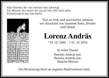 Traueranzeige von Lorenz Andräs von Wetterauer Zeitung, Wetterauer Zeitung