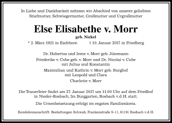 Traueranzeige von Else Elisabeth von Morr von Wetterauer Zeitung, Wetterauer Zeitung