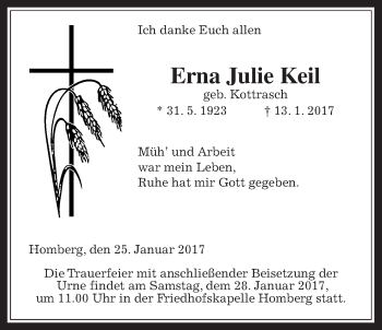 Traueranzeige von Erna Julie Keil von Alsfelder Allgemeine
