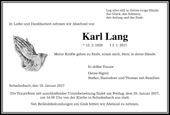 Traueranzeige von Karl Lang von Alsfelder Allgemeine