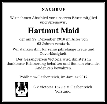 Traueranzeige von Hartmut Maid von Pohlheimer Nachrichten