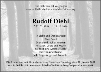 Traueranzeige von Rudolf Diehl von Wetterauer Zeitung, Wetterauer Zeitung