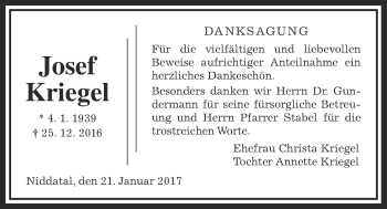 Traueranzeige von Josef Kriegel von Wetterauer Zeitung, Wetterauer Zeitung