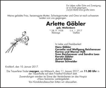 Traueranzeige von Arlette Göbler von Gießener Allgemeine, Alsfelder Allgemeine