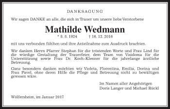 Traueranzeige von Mathilde Wedmann von Wetterauer Zeitung, Wetterauer Zeitung