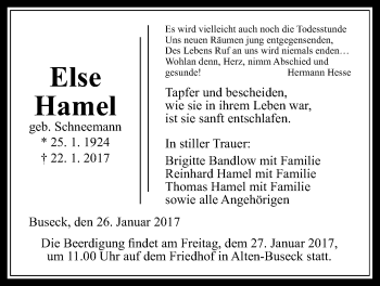 Traueranzeige von Else Hamel von Gießener Allgemeine, Alsfelder Allgemeine