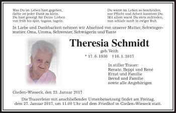 Traueranzeige von Theresia Schmidt von Gießener Allgemeine, Alsfelder Allgemeine