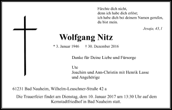 Traueranzeige von Wolfgang Nitz von Wetterauer Zeitung, Wetterauer Zeitung