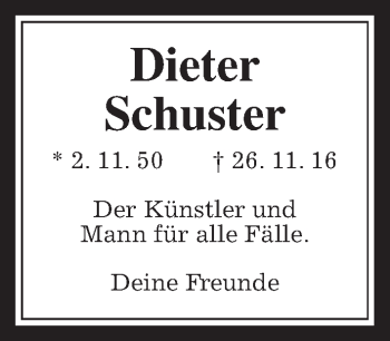 Traueranzeige von Dieter Schuster von Wetterauer Zeitung, Wetterauer Zeitung