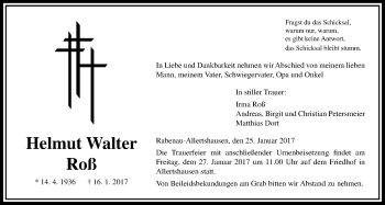 Traueranzeige von Helmut Walter Roß von Gießener Allgemeine, Alsfelder Allgemeine