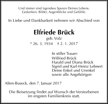 Traueranzeige von Elfriede Brück von Gießener Allgemeine, Alsfelder Allgemeine