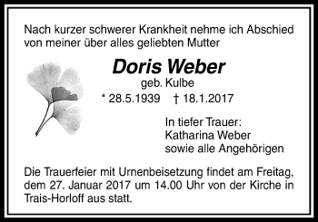 Traueranzeige von Doris Weber von Licher Wochenblatt, Licher Wochenblatt, Licher Wochenblatt