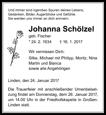 Traueranzeige von Johanna Schölzel von Gießener Allgemeine, Alsfelder Allgemeine
