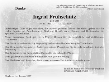 Traueranzeige von Ingrid Frühschütz von Wetterauer Zeitung, Wetterauer Zeitung