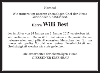 Traueranzeige von Willi Best von Gießener Allgemeine, Alsfelder Allgemeine
