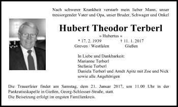Traueranzeige von Hubert Theodor Terberl von Gießener Allgemeine, Alsfelder Allgemeine