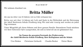 Traueranzeige von Britta Müller von Wetterauer Zeitung, Wetterauer Zeitung