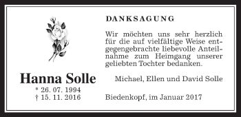 Traueranzeige von Hanna Solle von Allendorfer Mitteilungen, Rabenauer Zeitung