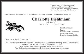Traueranzeige von Charlotte Diehlmann von Wetterauer Zeitung, Wetterauer Zeitung