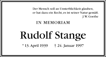 Traueranzeige von Rudolf Stange von Wetterauer Zeitung, Wetterauer Zeitung