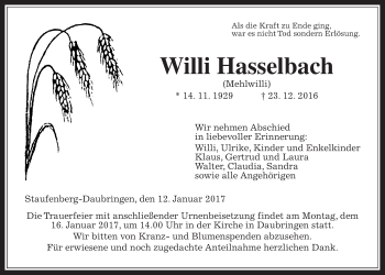 Traueranzeige von Willi Hasselbach von Gießener Allgemeine, Alsfelder Allgemeine