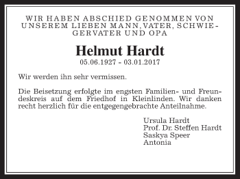 Traueranzeige von Helmut Hardt von Gießener Allgemeine, Alsfelder Allgemeine
