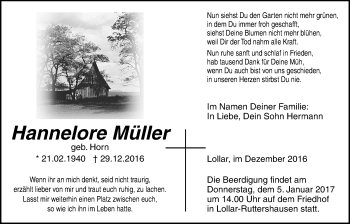 Traueranzeige von Hannelore Müller von Gießener Allgemeine, Alsfelder Allgemeine