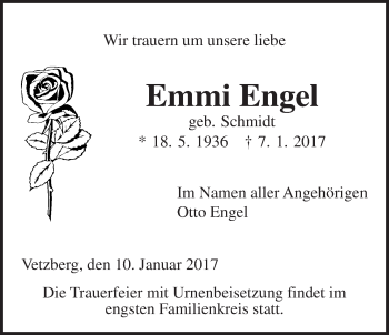 Traueranzeige von Emmi Engel von Gießener Allgemeine, Alsfelder Allgemeine