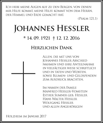 Traueranzeige von Johannes Hessler von Pohlheimer Nachrichten