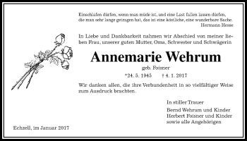 Traueranzeige von Annemarie Wehrum von Wetterauer Zeitung, Wetterauer Zeitung