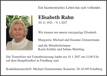 Traueranzeige von Elisabeth Rahn von Wetterauer Zeitung, Wetterauer Zeitung
