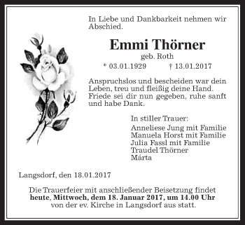Traueranzeige von Emmi Thörner von Gießener Allgemeine, Alsfelder Allgemeine