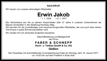 Traueranzeige von Erwin Jakob von Gießener Allgemeine, Alsfelder Allgemeine