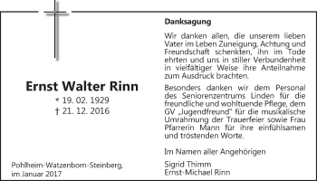 Traueranzeige von Ernst Rinn von Gießener Allgemeine, Alsfelder Allgemeine